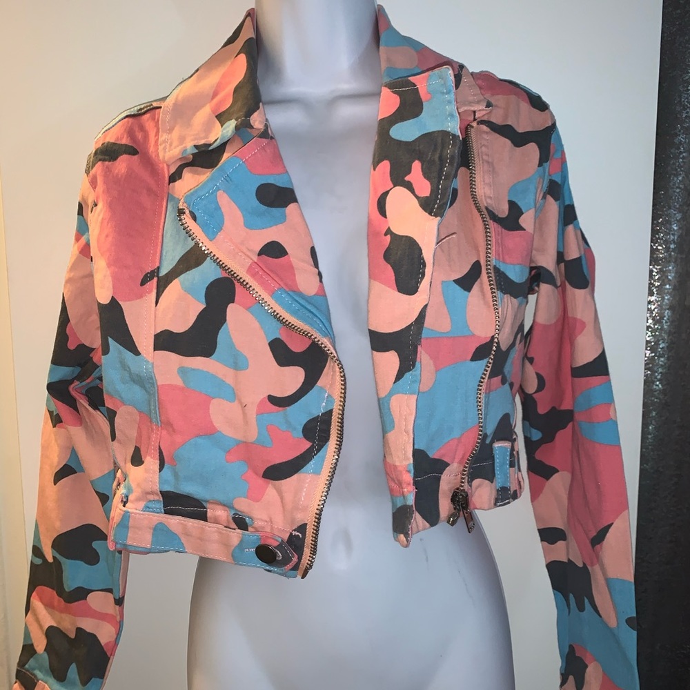 Pink, Blue,& Black Camo Cropped Jean Jacket